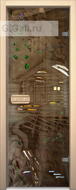Дверь для бани или сауны стеклянная Арт-серия с фьюзингом Пейзаж, липа