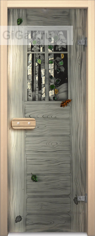 Дверь для бани или сауны стеклянная Арт-серия с фьюзингом Оконце, липа