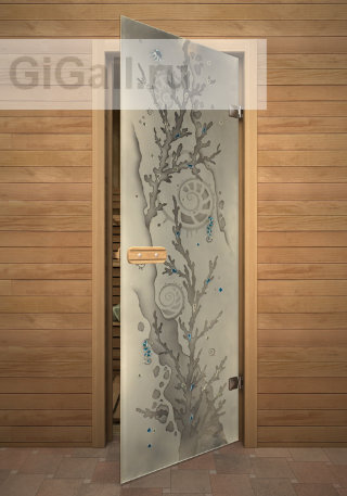 Дверь для бани или сауны стеклянная Арт-серия с фьюзингом Коралл 2, липа
