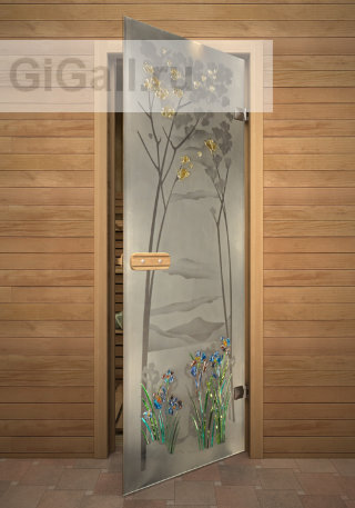 Дверь для бани или сауны стеклянная Арт-серия с фьюзингом Ирисы, липа