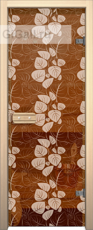 Дверь для бани или сауны стеклянная Арт-серия с рисунком Глассджет Белые листья, липа