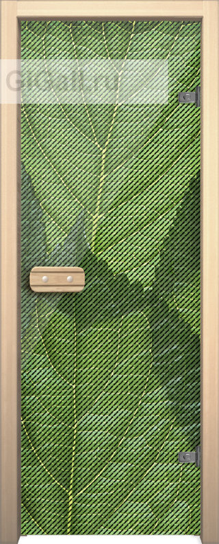Дверь для бани или сауны стеклянная Арт-серия с рисунком Глассджет Листья зеленые,липа