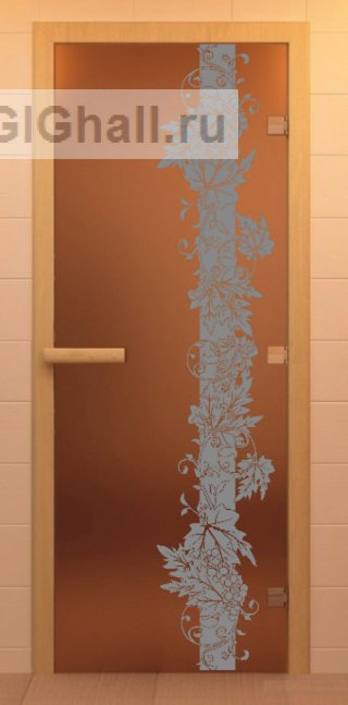 Дверь для бани или сауны стеклянная матовая бронза с рисунком и коробкой
