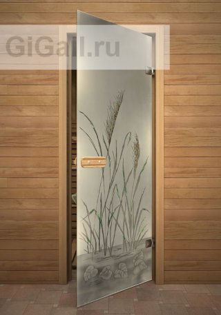 Дверь для бани или сауны стеклянная Арт-серия с фьюзингом Тростник, липа