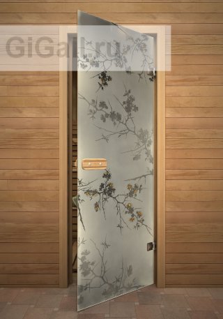 Дверь для бани или сауны стеклянная Арт-серия с фьюзингом Дикая слива, липа