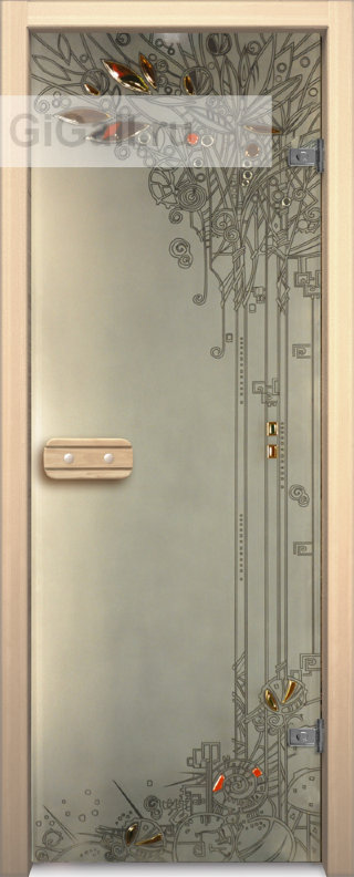 Дверь для бани или сауны стеклянная Арт-серия с фьюзингом Весна, липа