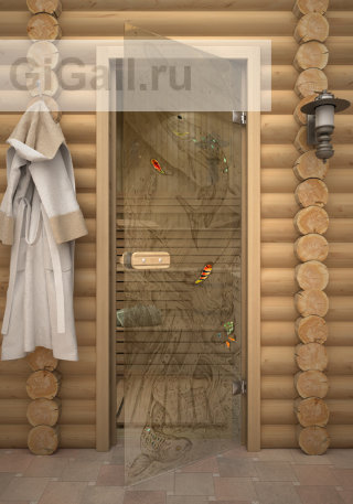 Дверь для бани или сауны стеклянная Арт-серия с фьюзингом Подледный, липа
