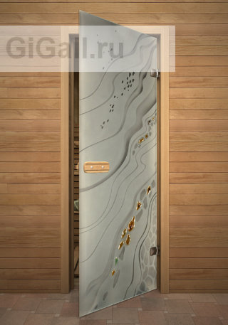 Дверь для бани или сауны стеклянная Арт-серия с фьюзингом Галька, липа