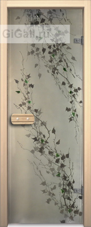 Дверь для бани или сауны стеклянная Арт-серия с фьюзингом Березка, липа