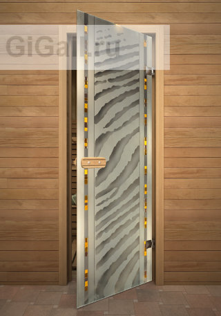 Дверь для бани или сауны стеклянная Арт-серия с фьюзингом Сахара, липа